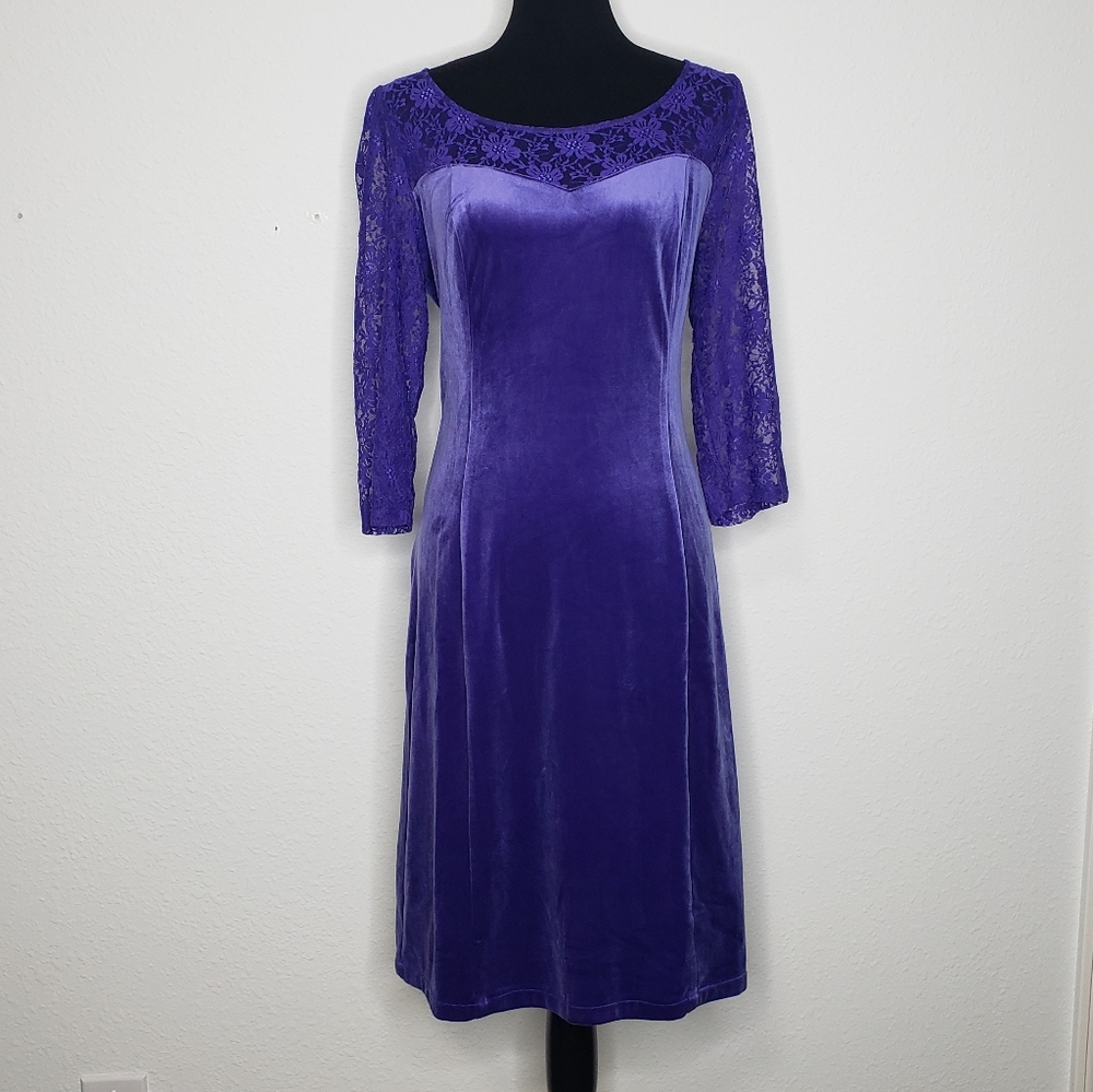 Hearts & Roses Velvet Floral Lace Midi Dress Size 14 Grunge Dark Romantic Purple